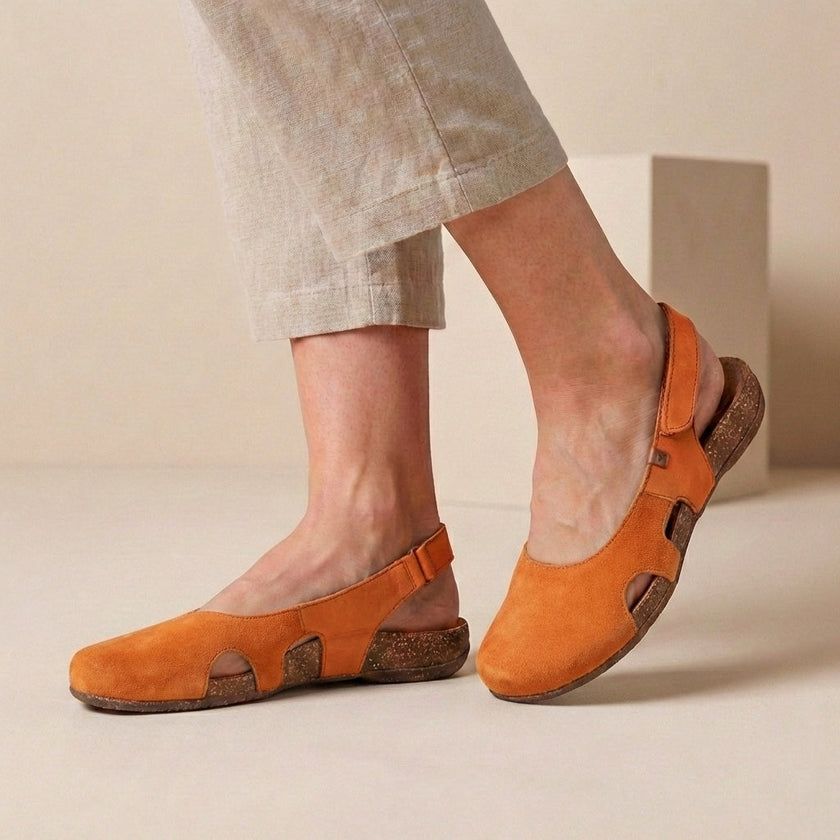 Orange FJØRNA orthopedic closed-toe slingback sandals for women with supportive design and stylish appearance.
