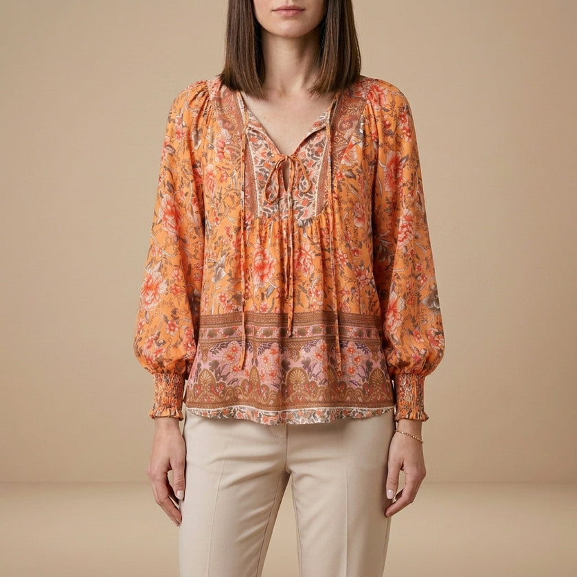 Orange floral long sleeve linen summer blouse for women by FJØRNA, featuring a stylish and comfortable design.