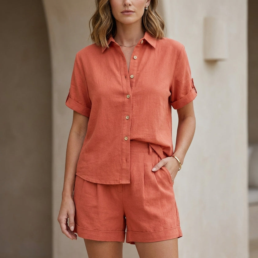 FJØRNA coastal ease orange button-up shirt and relaxed shorts set, casual summer 2-piece outfit with lightweight fabric.
