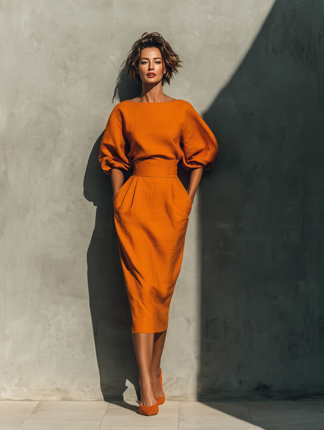 Orange linen midi dress for women by FJØRNA, featuring a flowing design and elegant mid-length silhouette.