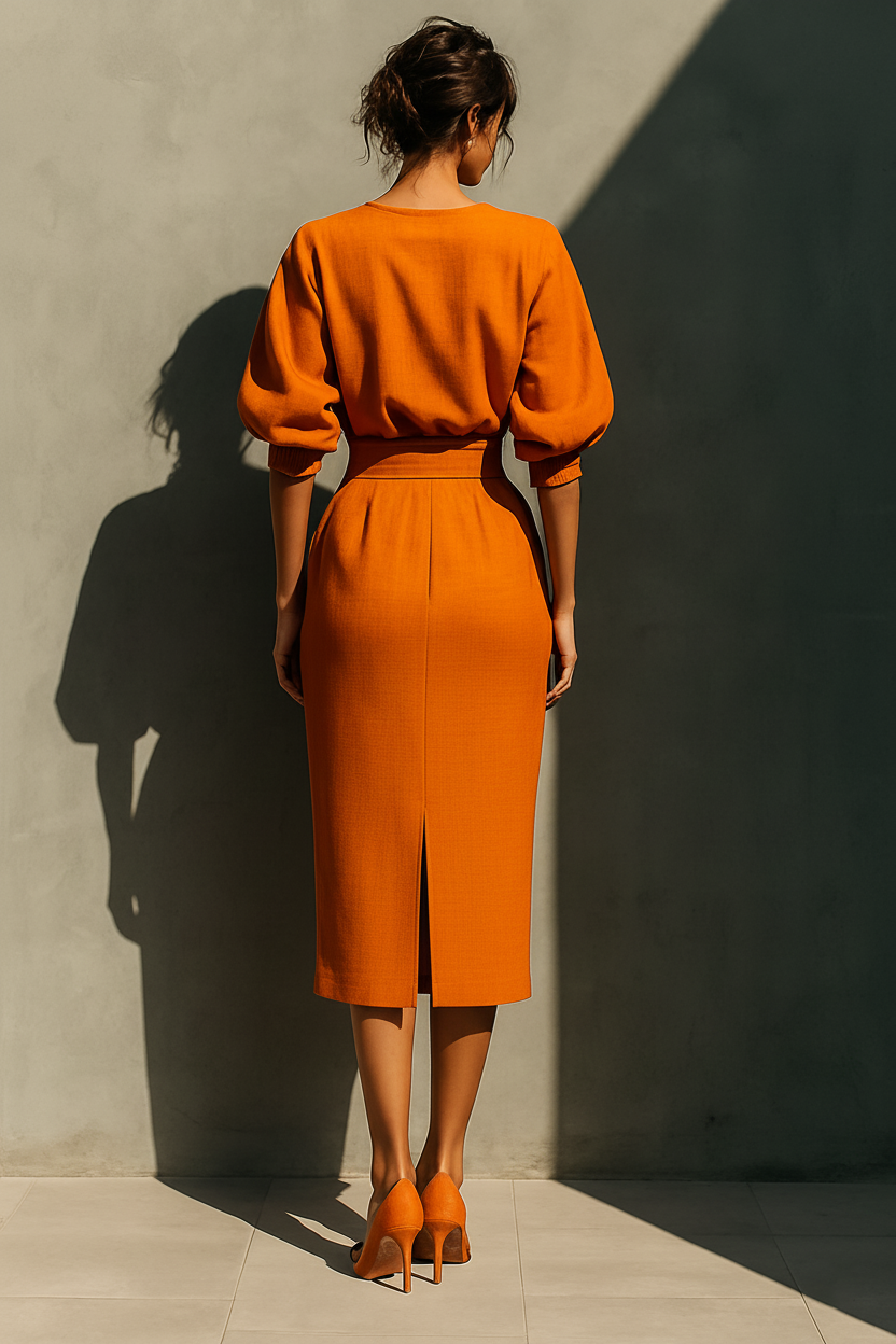 Orange linen midi dress for women by FJØRNA, featuring a flowing silhouette and adjustable straps.