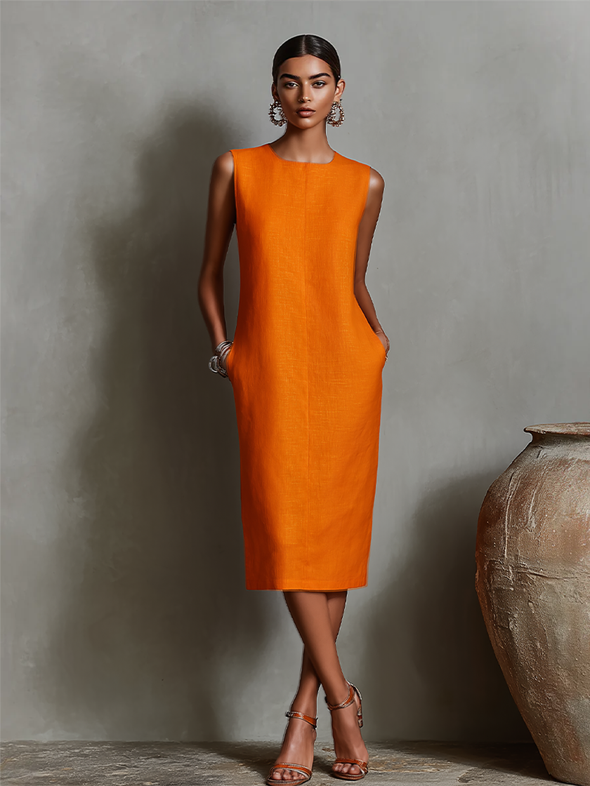 Orange Linen Sleeveless Mini Womens Dress Womens | Evening Dress