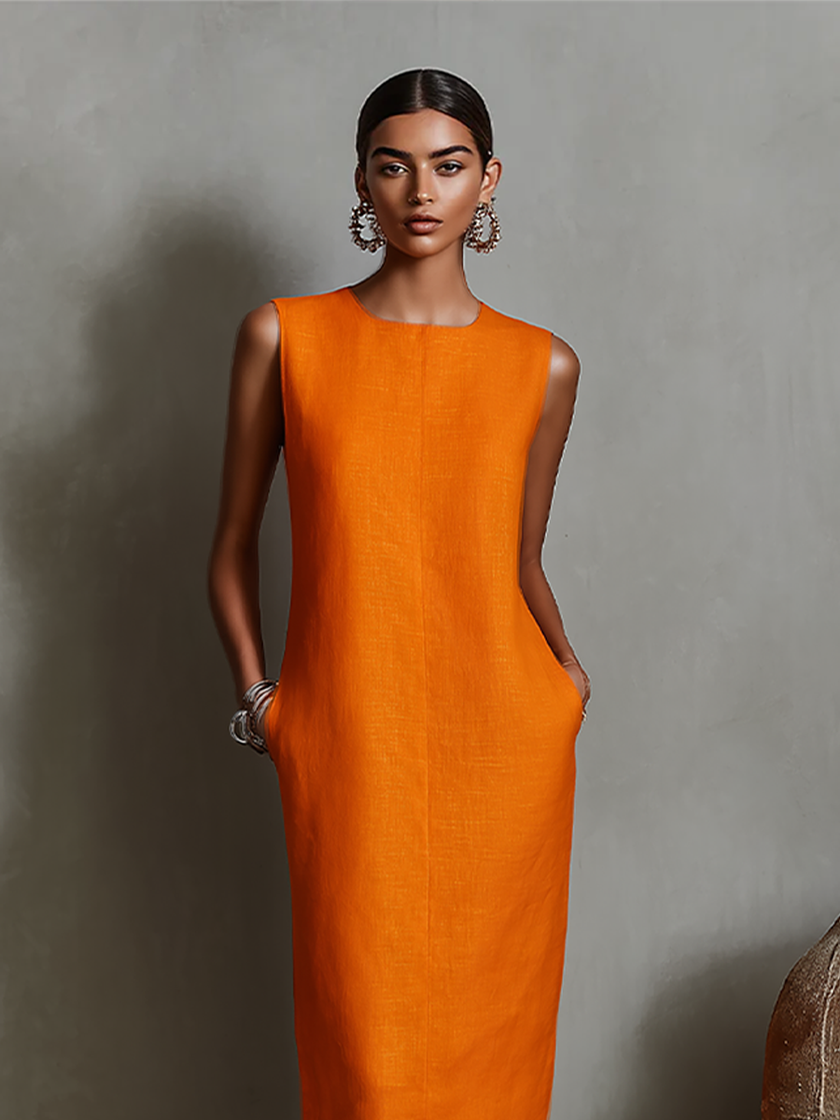 Orange Linen Sleeveless Mini Womens Dress Womens | Evening Dress