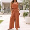 Orange linen blend cropped top and wide-leg pant set by FJØRNA, styled together in a casual, breathable 2-piece outfit.