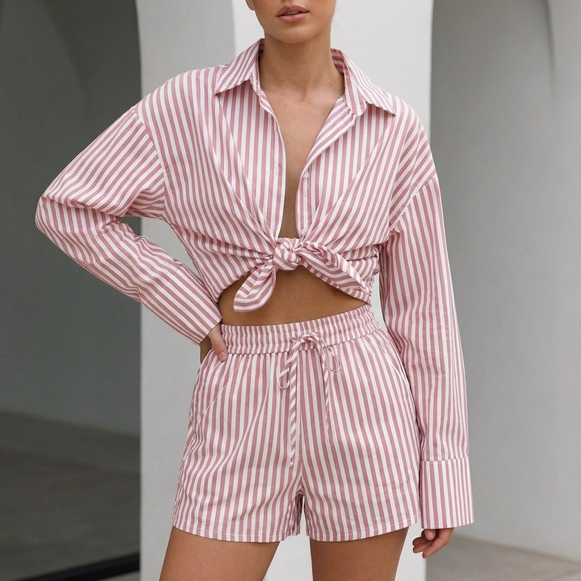 Orange FJØRNA women's summer two-piece co-ord set with striped pattern and drawstring details, perfect for warm weather.