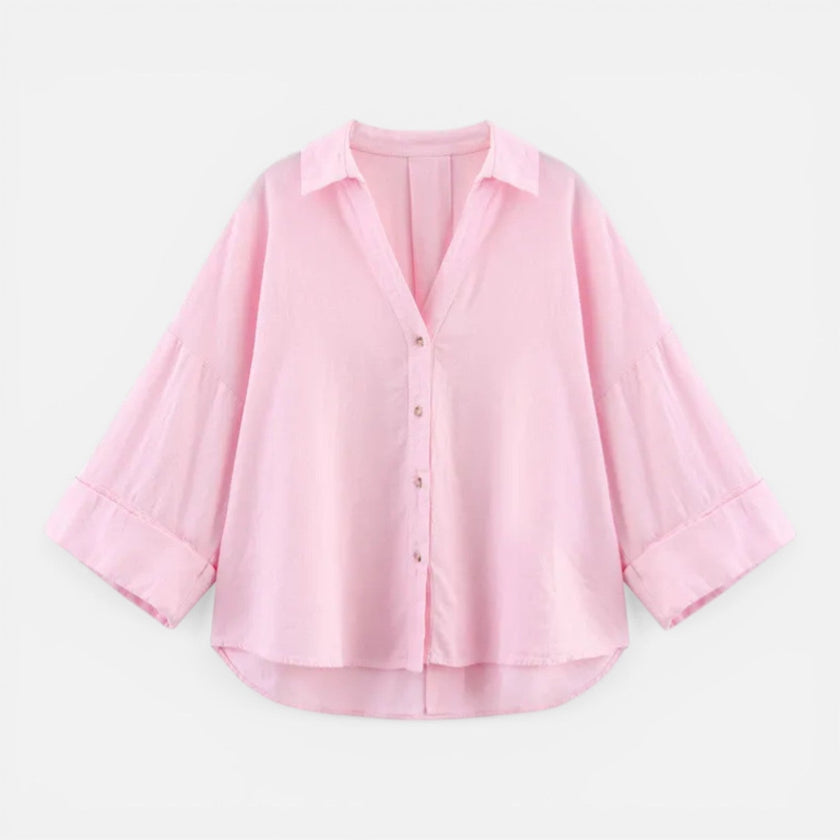 Lightweight women's summer blouse by FJØRNA, loose fit vacation shirt in soft fabric, shown in oversized fit with relaxed style.