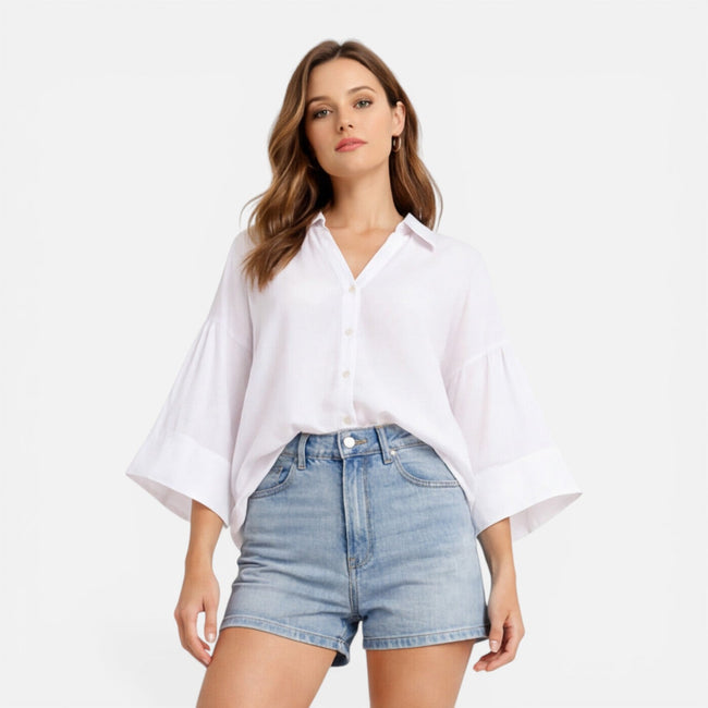 FJØRNA women's lightweight summer blouse with loose fit, perfect for vacation, featuring breathable fabric and casual style.