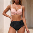 FJØRNA leopard print bikini with form-fitting design and sweetheart neckline, displayed in peach and black colors.