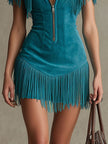 Peacock blue faux suede tassel mini dress by FJØRNA, casual style with tassel details, short length, and relaxed fit.