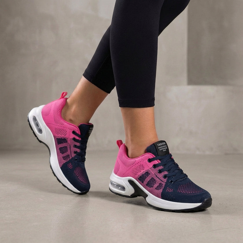 Pink and blue FJØRNA women's orthopedic sneakers with knit upper and arch support, designed for summer comfort.