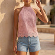 Pink floral halter neck summer blouse for women by FJØRNA, featuring lightweight fabric and stylish design.