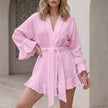 FJØRNA airy white kimono two-piece set with flowing ruffle shorts, featuring lightweight fabric and elegant design, pink color.