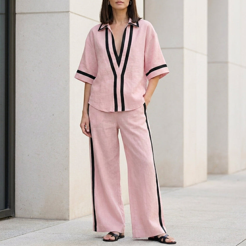 FJØRNA coastal chic pink contrast trim top and wide-leg pants 2-piece set, stylish and comfortable summer outfit.