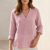 Pink FJØRNA women's summer blouse with V-neck, lightweight linen fabric, casual style, perfect for warm weather.