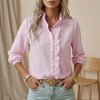 Pink FJØRNA summer blouse for women, long sleeve denim top with a relaxed fit, perfect for casual warm-weather wear.