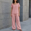 FJØRNA Coastal Breeze pink relaxed top and wide-leg pant 2-piece set, casual summer outfit, lightweight fabric, stylish and comfortable.