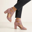 Pink FJØRNA women's orthopedic heeled sandals with adjustable strap and buckle, featuring a supportive design and stylish heel.