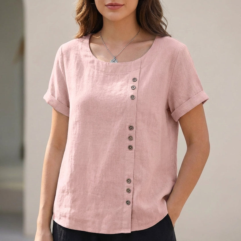 Pink relaxed linen blouse for women with asymmetric detail, stylish daywear top by FJØRNA.