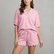 Pink FJØRNA Blush Breeze Relaxed Lounge Set with scalloped shorts, featuring a comfortable, casual 2-piece loungewear ensemble.
