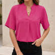 Pink chiffon V-neck blouse for women with stand collar and split cuffs, stylish top by FJØRNA