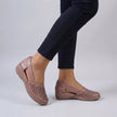 Pink FJØRNA orthopedic wedge sandals with scalloped trim and side cut-outs, showcasing stylish and comfortable footwear design.
