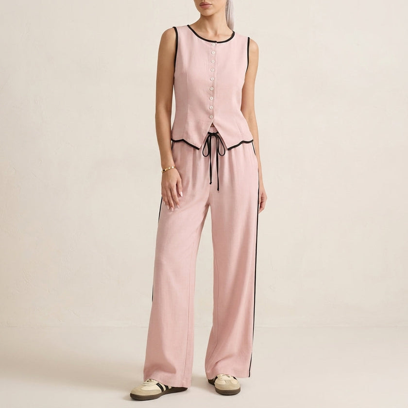 Pink FJØRNA contrast trim two-piece set with relaxed wide-leg pants and matching top, stylish and comfortable for casual wear.