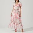 Pink FJØRNA women's mini dress with V-neck and flutter sleeves, stylish and elegant for casual or dressy occasions.
