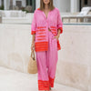 Pink FJØRNA relaxed two-piece set featuring nautical and geometric graphic motifs, casual and stylish for everyday wear.