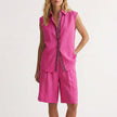 Pink FJØRNA sleeveless button-up shirt and wide-leg pleated shorts 2-piece set, casual summer clothing for women.