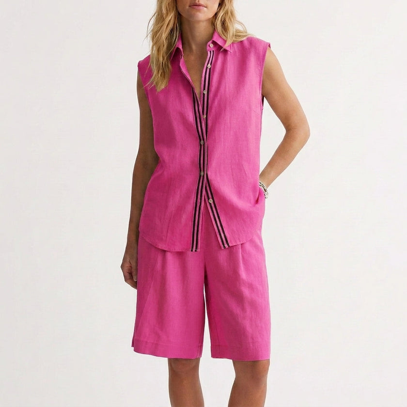 Pink FJØRNA sleeveless button-up shirt and wide-leg pleated shorts 2-piece set, casual summer clothing for women.