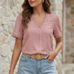 Pink FJØRNA women's summer blouse with v-neck, short sleeves, and flowy linen fabric, perfect for warm weather.