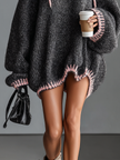 Pink knit hooded mini dress for women by FJØRNA, featuring a cozy hood and a fitted mini silhouette.