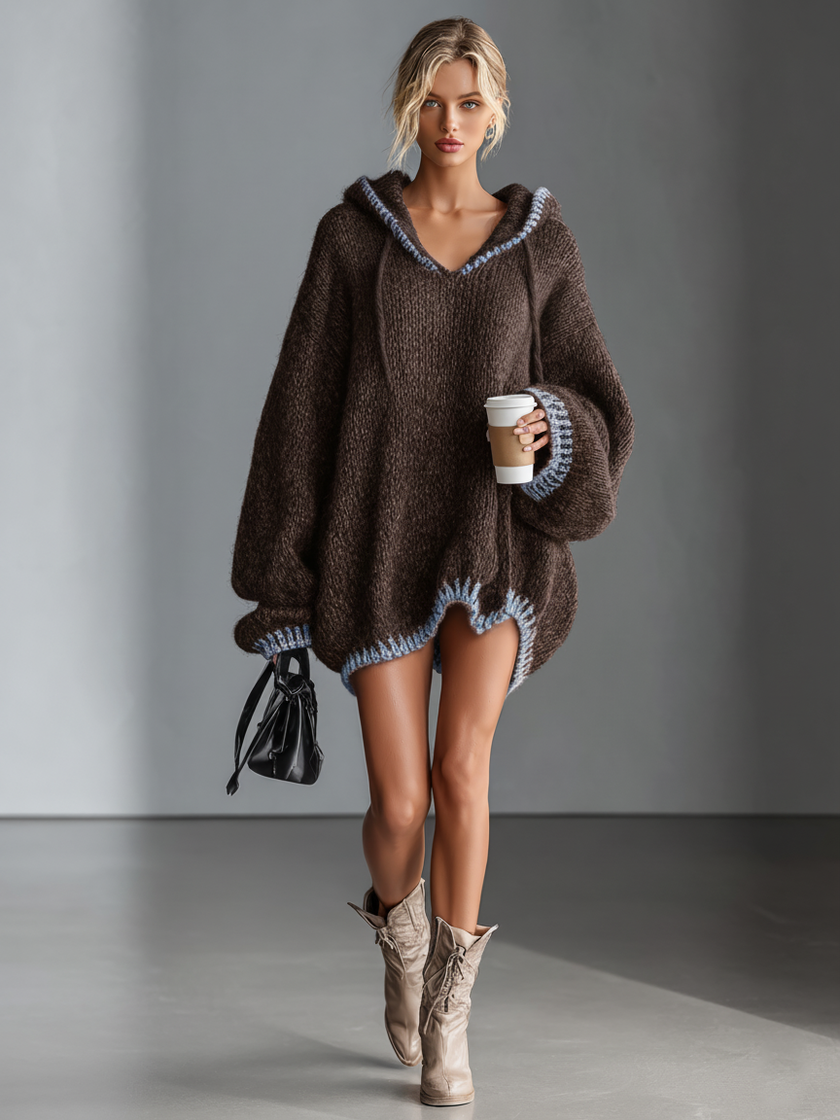 Pink knit hooded mini dress for women by FJØRNA, featuring a cozy hood and fitted silhouette, perfect for casual wear.