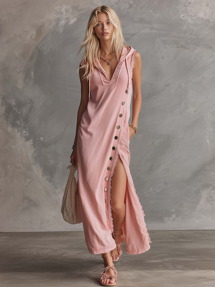 Pink Lace V-Neck Midi Dress | Evening Dress
