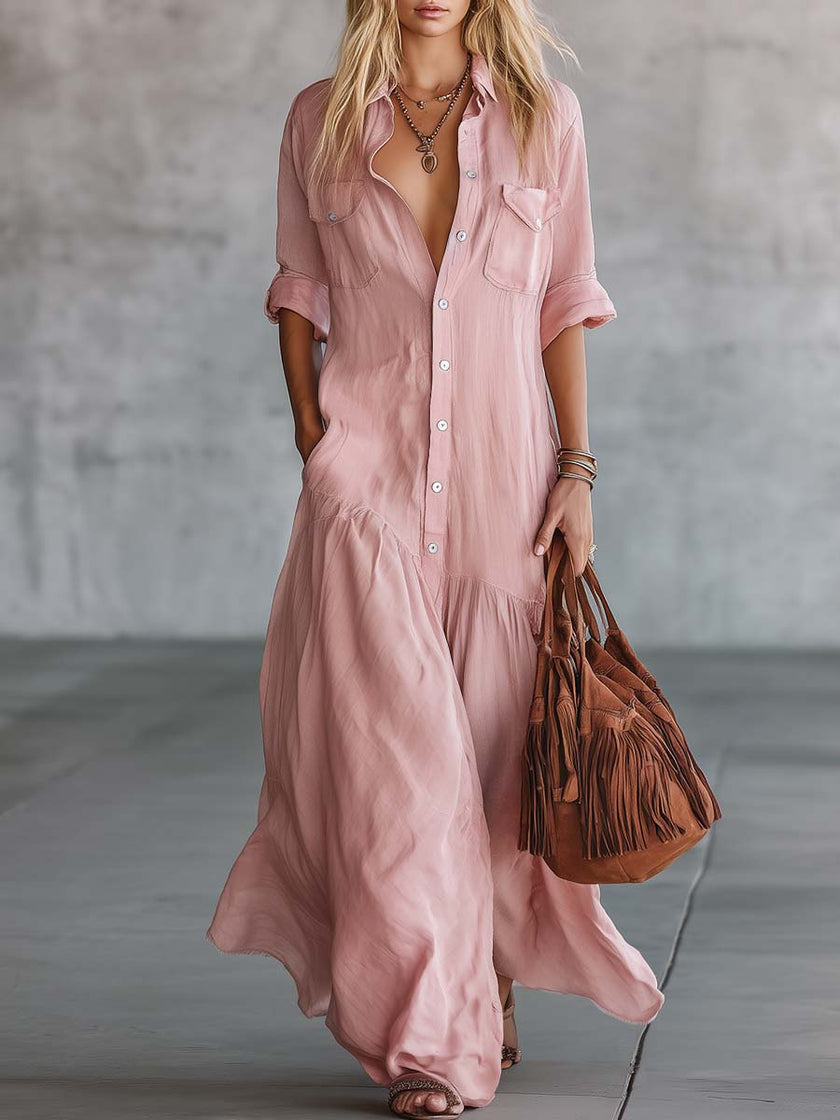 Pink Linen V-Neck Maxi Dress | Casual Dress