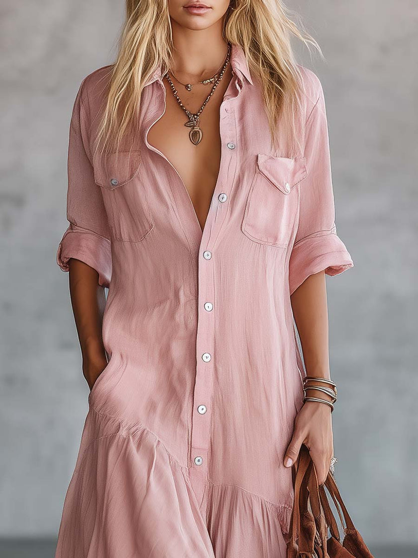 Pink Linen V-Neck Maxi Dress | Casual Dress