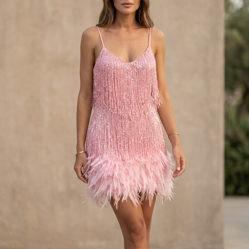 Pink fitted V-neck mini dress with sequined fringe and feathered hem by FJØRNA, showcasing a stylish, form-fitting design.