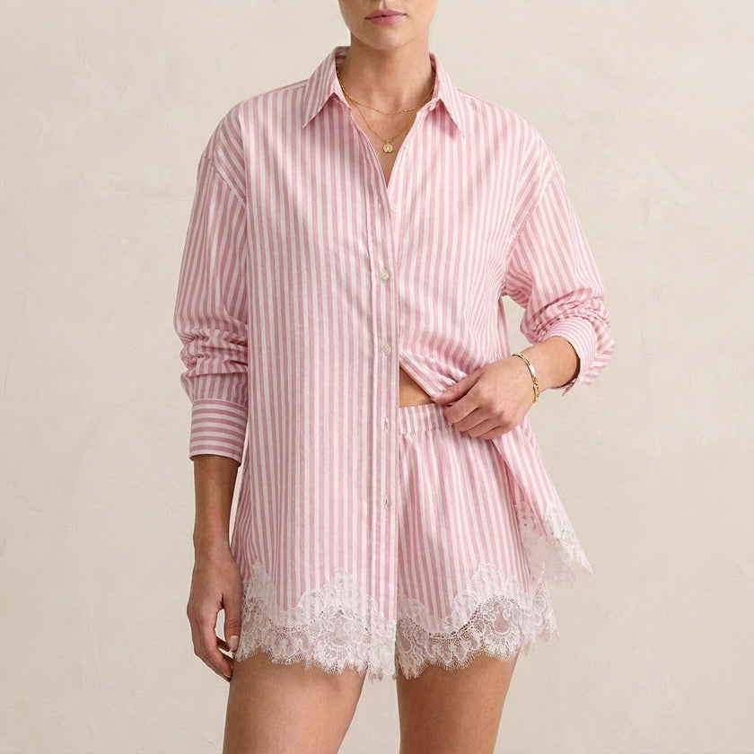 Pink and white relaxed lace-trimmed two-piece shirt and shorts set by FJØRNA with a classic collar, perfect for casual wear.