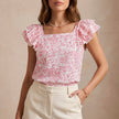 Pink floral summer blouse for women with a square neckline, stylish FJØRNA top perfect for warm weather.