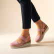 Pink FJØRNA orthopedic platform espadrille sandals for women with woven jute wedge and adjustable ankle straps.
