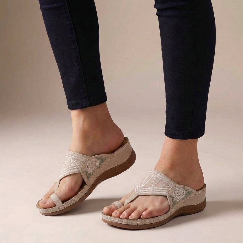 Pink FJØRNA orthopedic floral embroidered wedge sandals for women, featuring a stylish design and comfortable fit.
