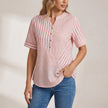 Pink striped summer blouse for women by FJØRNA, short sleeve top with a relaxed fit and stylish design.