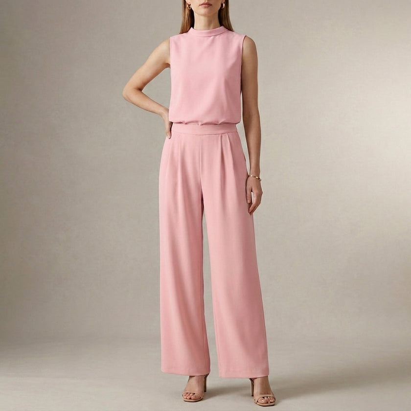 Pink FJØRNA women's two-piece set with high waist and high neck, stylish co-ord outfit for women.