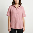 FJØRNA women's short sleeve denim summer blouse in pink, casual top with a relaxed fit and stylish design.
