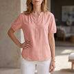 Pink summer blouse for women with puff sleeves, denim fabric, button front, lightweight top by FJØRNA.