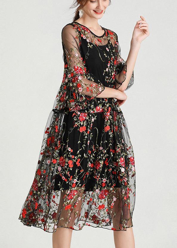 Plus size black embroidery lace dress with half sleeves, part of FJØRNA women's 2-piece set, elegant and stylish for women.