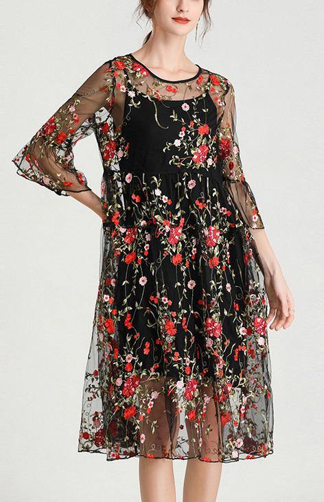 Plus size black embroidery lace dress with half sleeves, paired with matching set, by FJØRNA, stylish women’s two-piece dress.