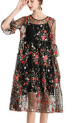 Plus size black embroidery lace dress with half sleeves, part of FJØRNA women's two-piece set, featuring elegant lace and stylish design.