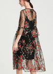 Plus size black embroidery lace dress with half sleeves, part of FJØRNA women's two-piece set featuring a tie dress and matching top.
