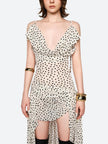 FJØRNA polka dot women's mini dress showing a stylish, short dress with a playful polka dot pattern, perfect for parties and daytime wear.